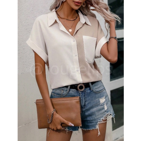 Rolled Up Batwing Sleeves Color Block 2 Tone Button Down Shirt Tan Beige - Picture 2 of 9